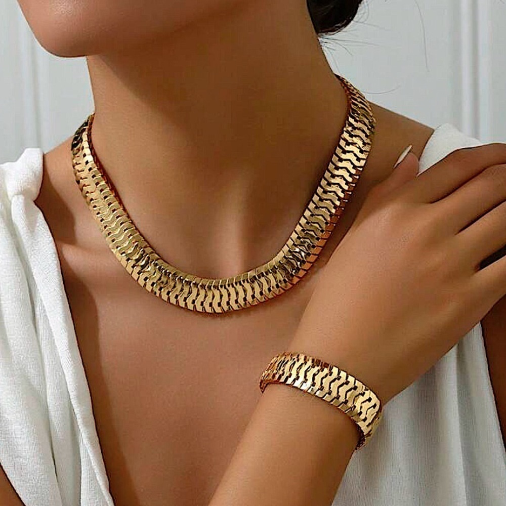 Gold Necklace Bracelet Set, Two Piece Set, Exaggerated